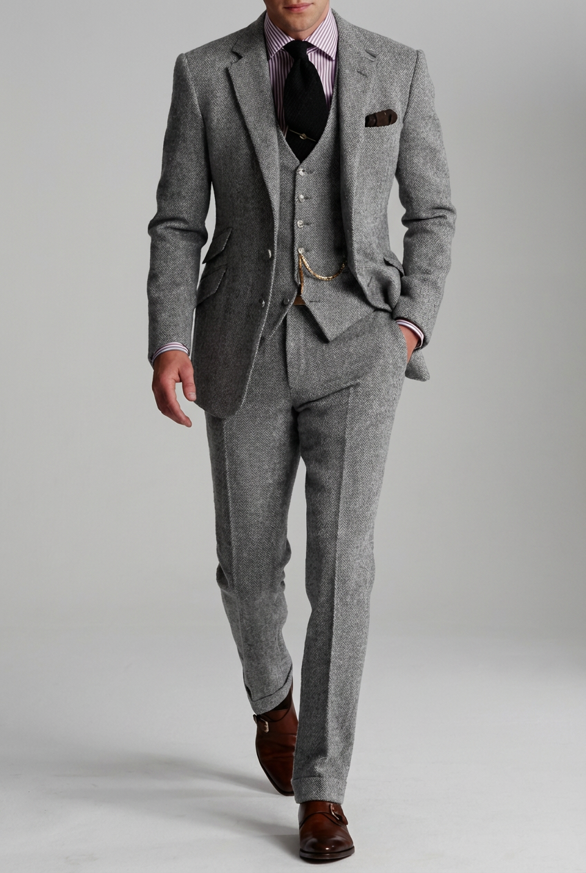 Men’s Three-Piece Tweed Tuxedo – Classic Tailored Suit Set Formal Suit