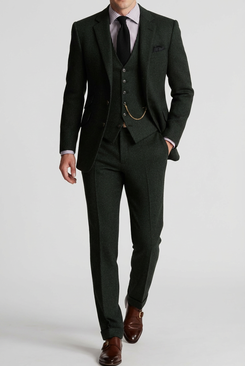 Men’s Three-Piece Tweed Tuxedo – Classic Tailored Suit Set Formal Suit