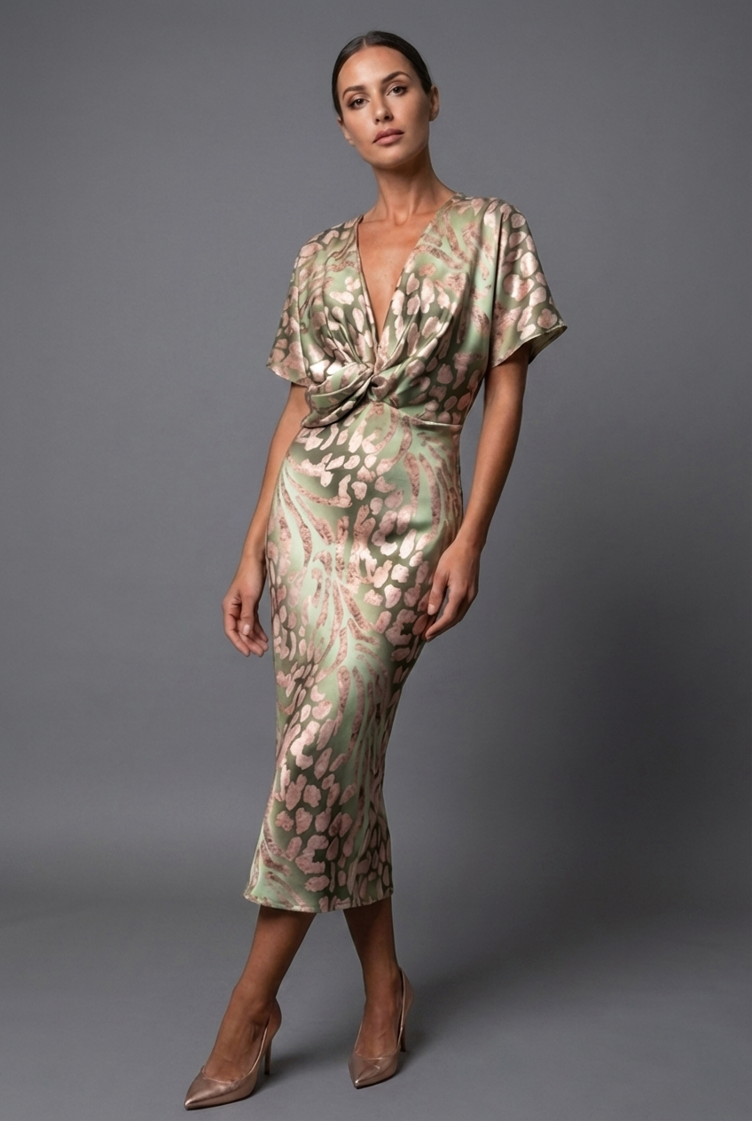 Twist Front Flutter Sleeve V Neck Elegant Midi Dress