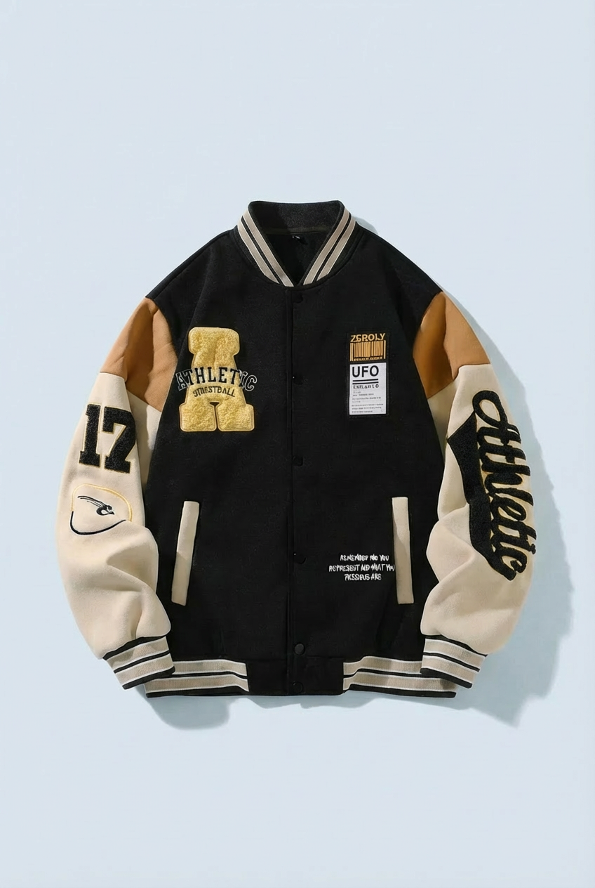 Men’s Vintage Varsity Jacket with Embroidered Patches
