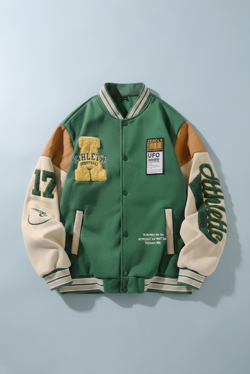 Men’s Vintage Varsity Jacket with Embroidered Patches