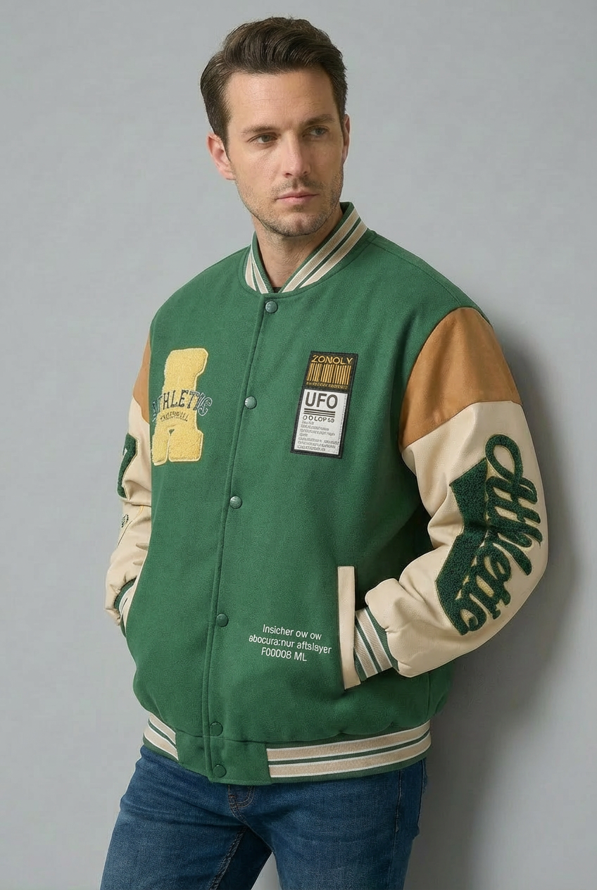 Men’s Vintage Varsity Jacket with Embroidered Patches