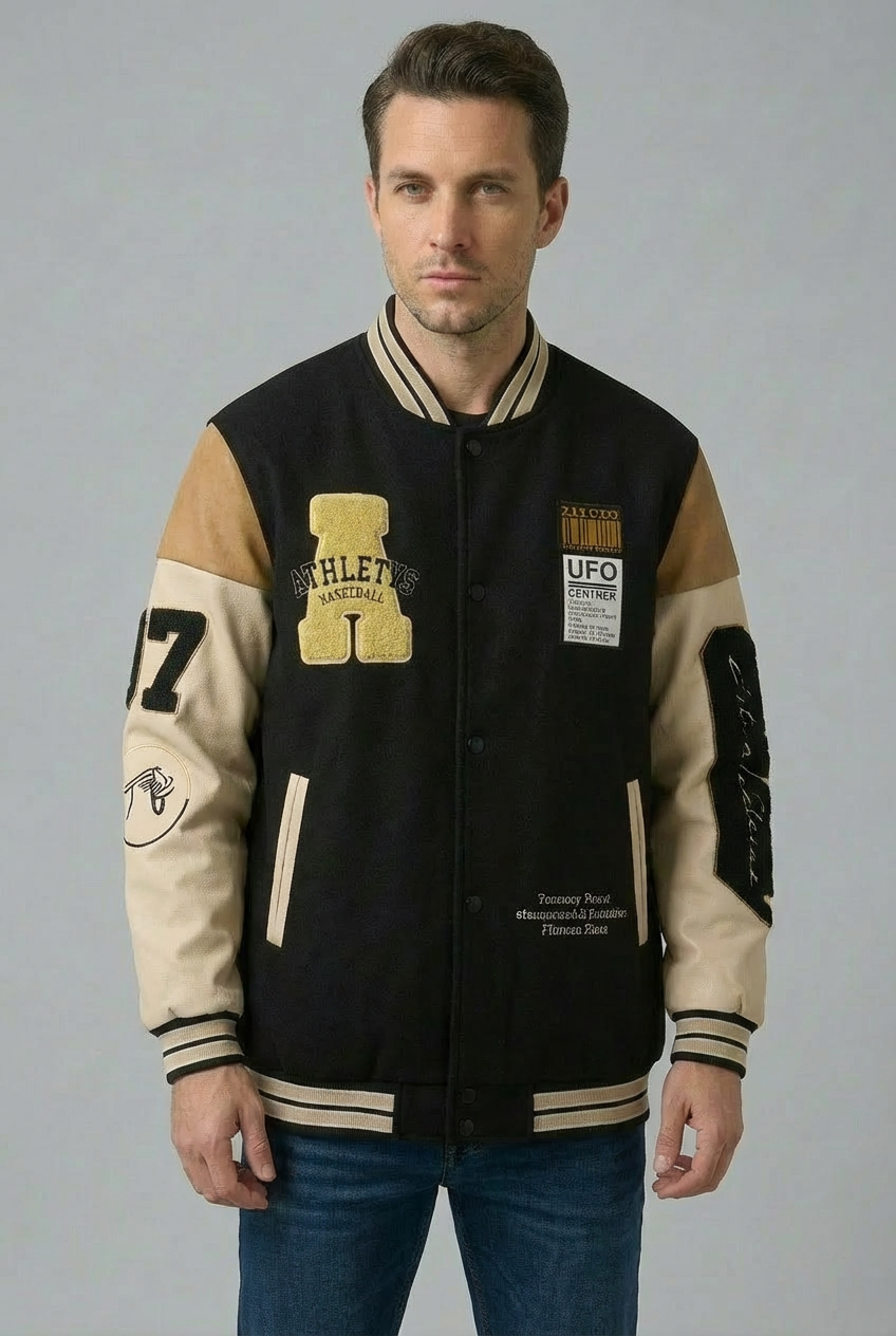 Men’s Vintage Varsity Jacket with Embroidered Patches