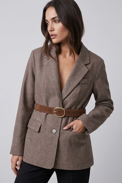 Belted Tweed Style Structured Blazer Jacket Women