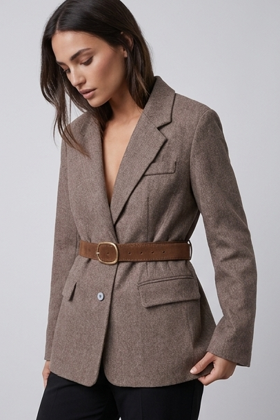 Belted Tweed Style Structured Blazer Jacket Women