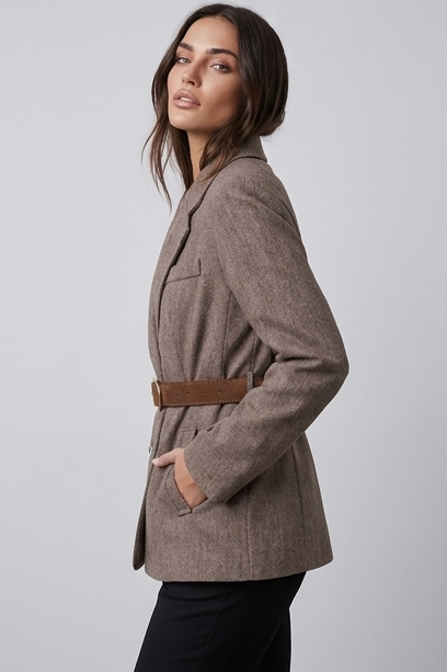 Belted Tweed Style Structured Blazer Jacket Women