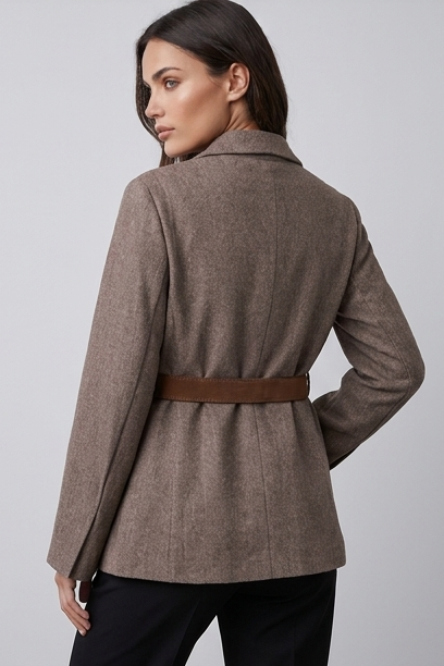 Belted Tweed Style Structured Blazer Jacket Women