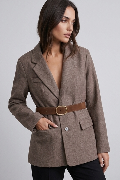 Belted Tweed Style Structured Blazer Jacket Women
