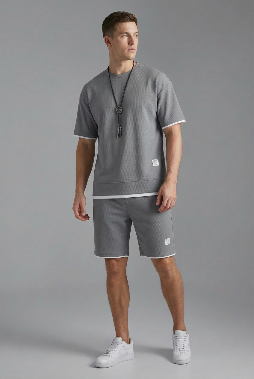 Men’s Waffle Knit Style Lounge Two Piece – Comfortable Casual T-Shirt and Shorts Set