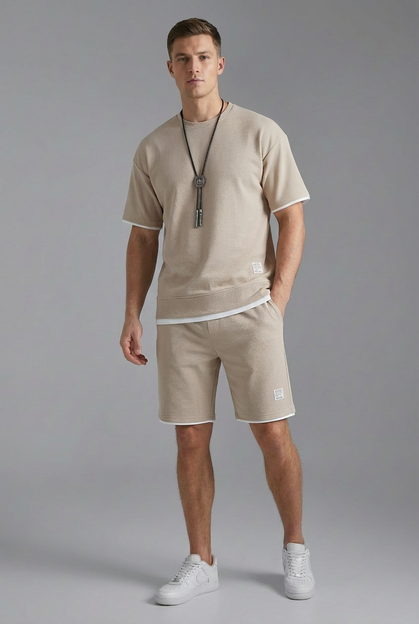 Men’s Waffle Knit Style Lounge Two Piece – Comfortable Casual T-Shirt and Shorts Set
