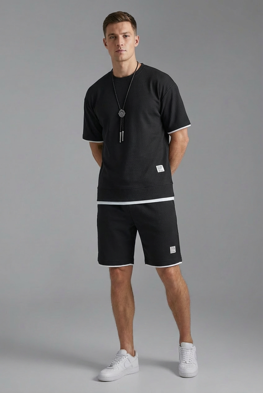 Men’s Waffle Knit Style Lounge Two Piece – Comfortable Casual T-Shirt and Shorts Set