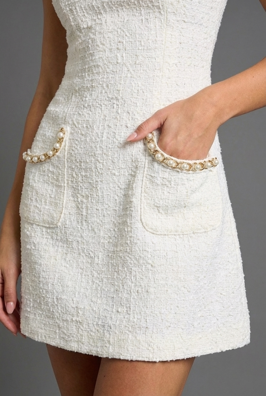 Pearl Trim Tweed Style Mini Cocktail Dress Women