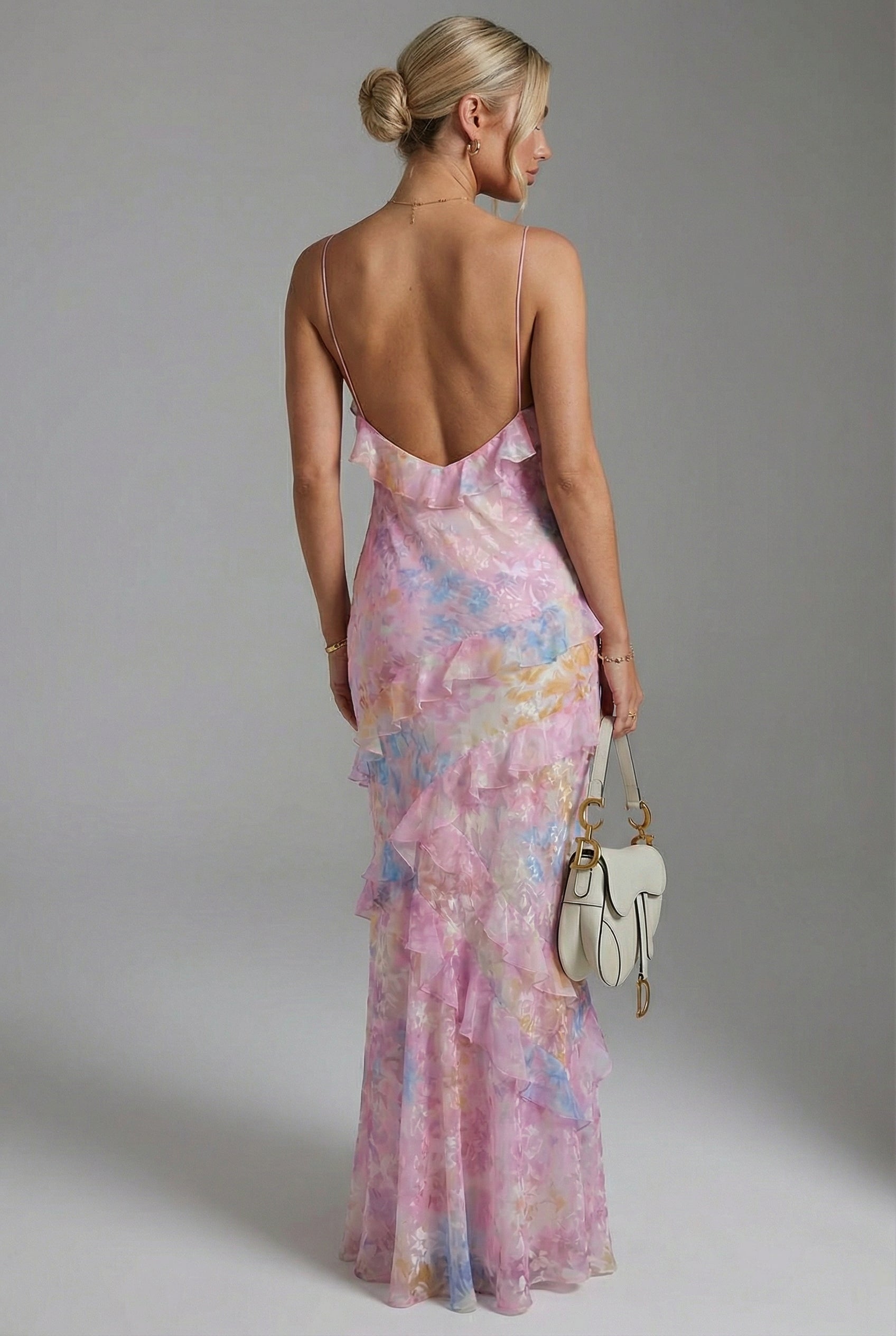 Women’s Elegant Ruffle Occasion Maxi Dress with Open Back