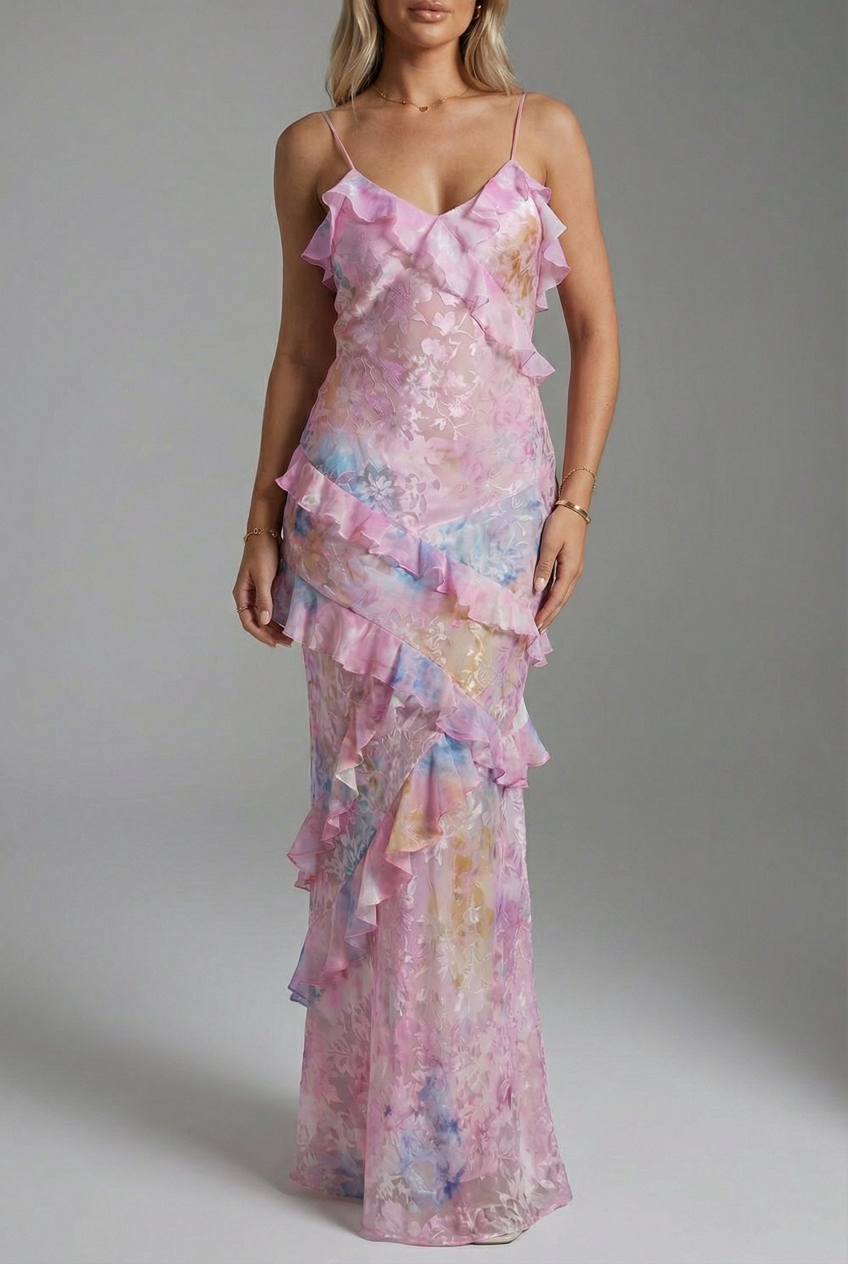 Women’s Elegant Ruffle Occasion Maxi Dress with Open Back