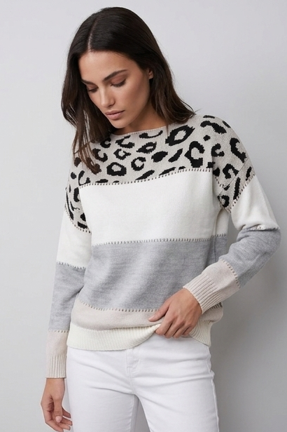 Leopard Print Colour Block Relaxed Fit Knit Jumper