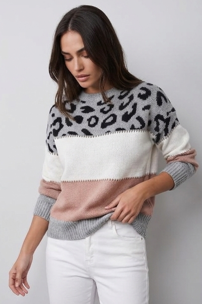Leopard Print Colour Block Relaxed Fit Knit Jumper