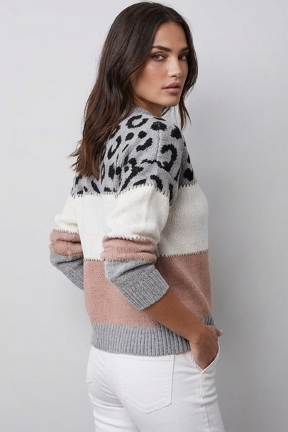 Leopard Print Colour Block Relaxed Fit Knit Jumper