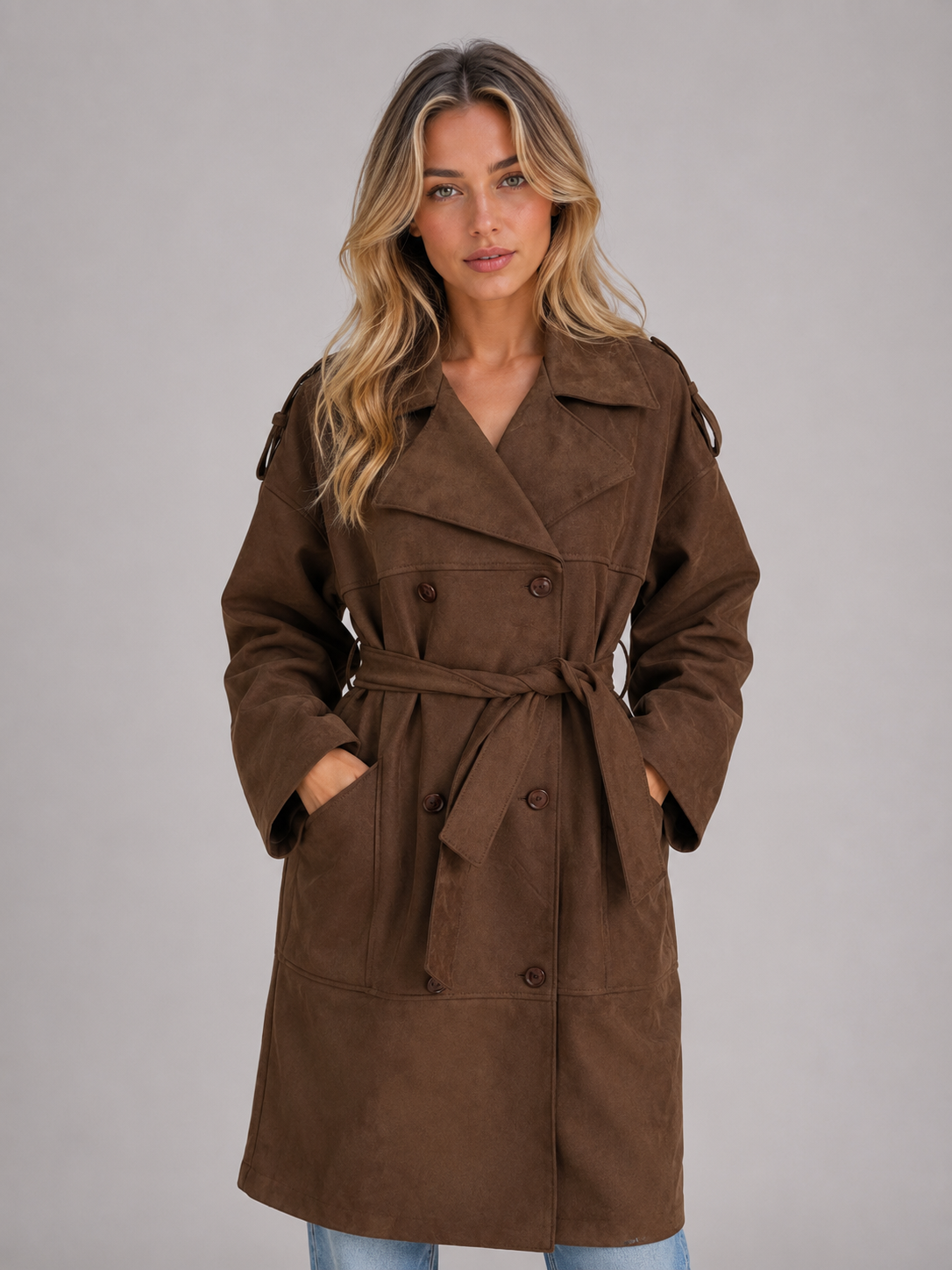 Brown Suede Style Belted Long Double Breasted Trench Coat Women
