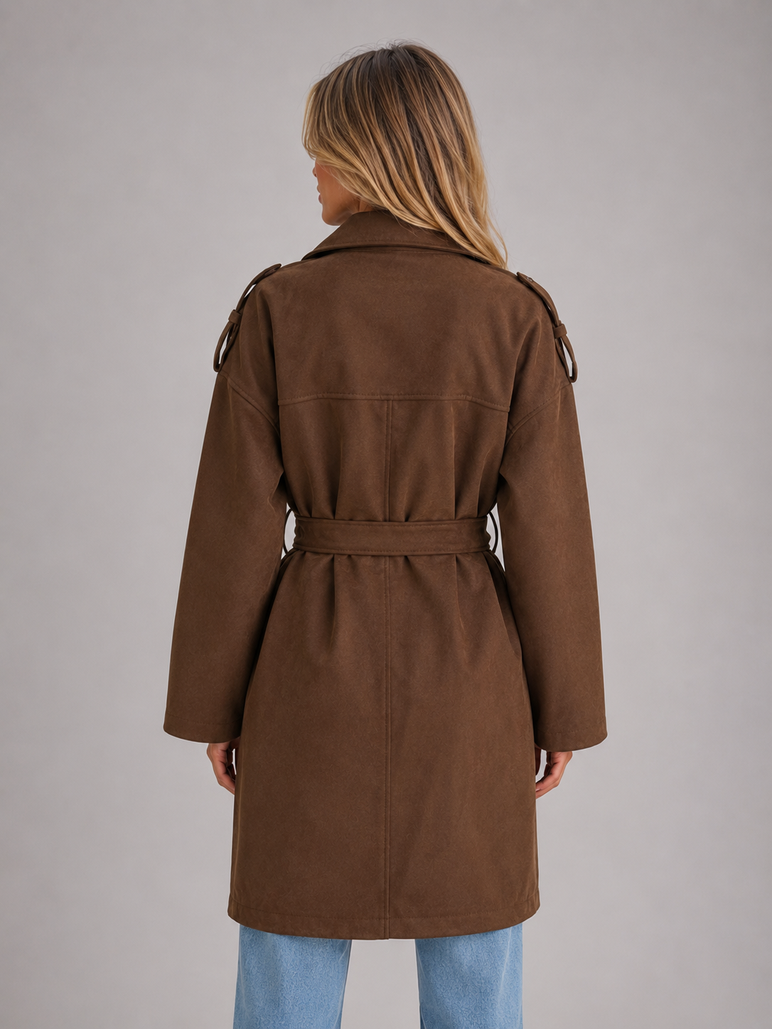 Brown Suede Style Belted Long Double Breasted Trench Coat Women