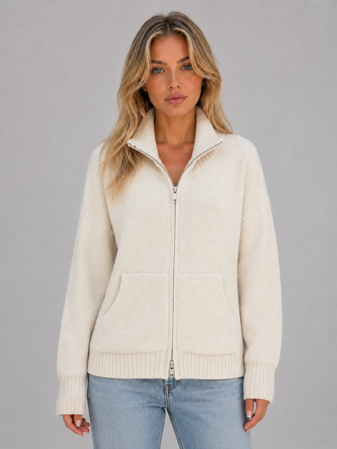 Funnel Neck Zip Up Sweater Knitted Jacket Women