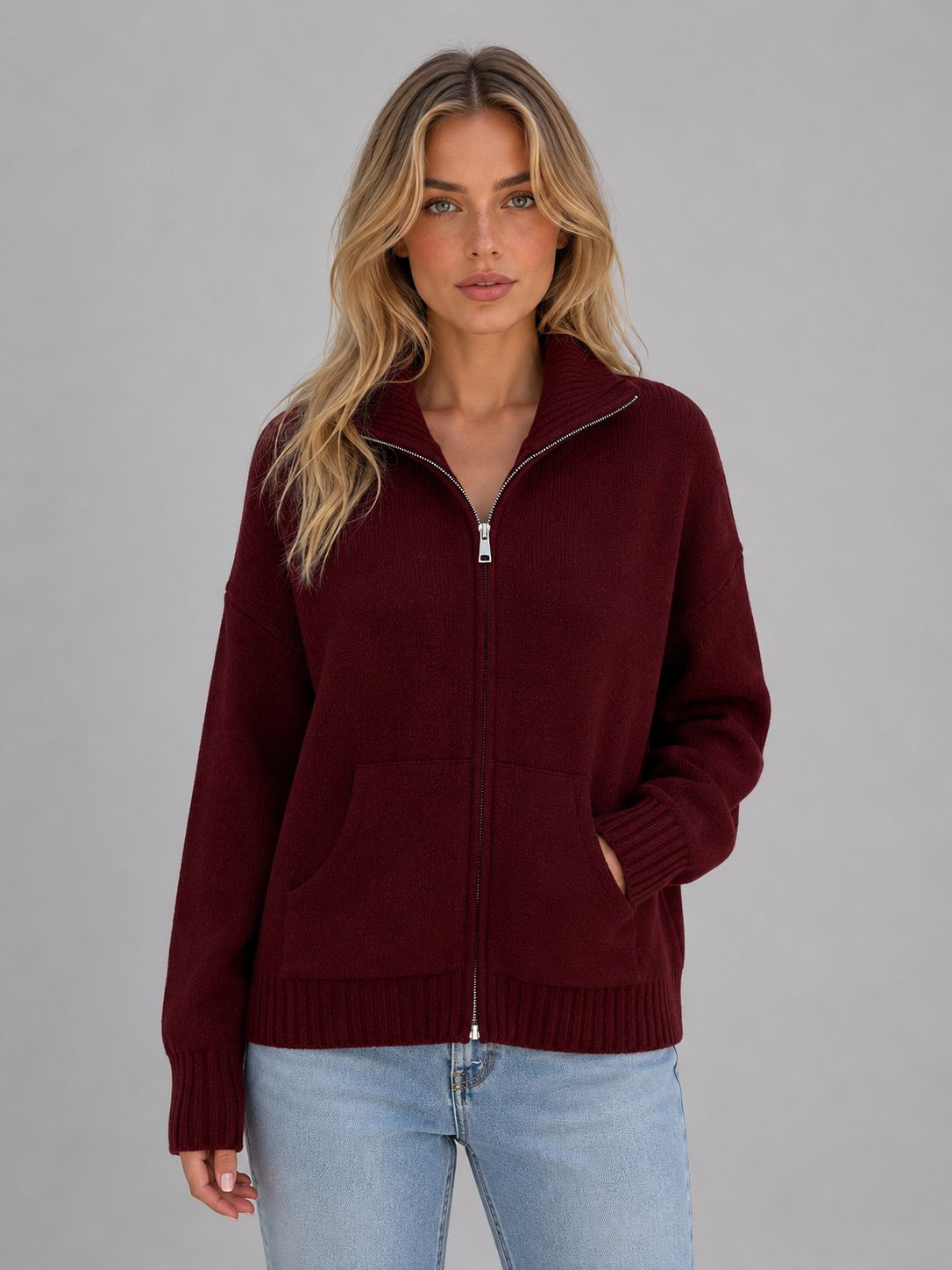Funnel Neck Zip Up Sweater Knitted Jacket Women
