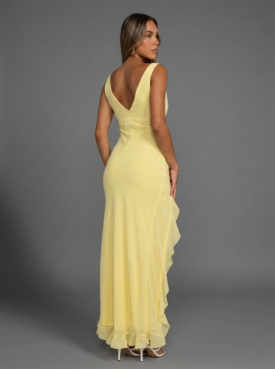 V Neck Ruffle Split Chiffon Style Maxi Dress