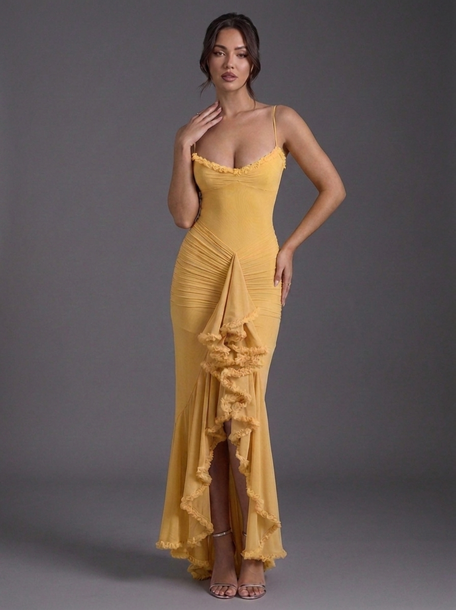 Strappy Ruched Ruffle Split Occasion Maxi Dress