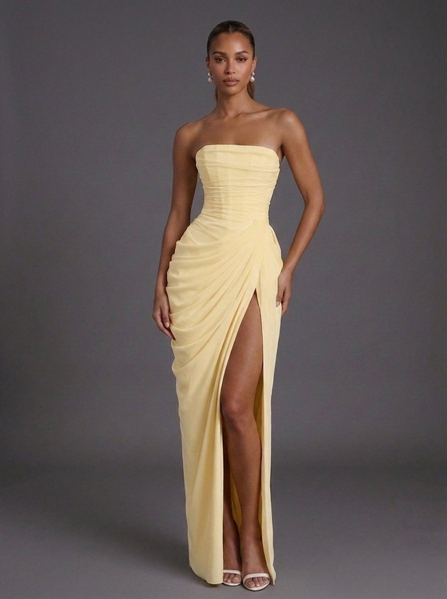 Strapless Corset Ruched Split Maxi Wedding Guest Dress