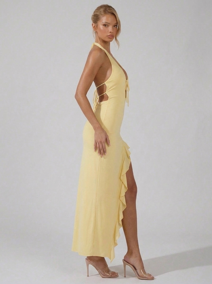 Halter Backless Ruffle Split Chiffon Style Maxi Dress