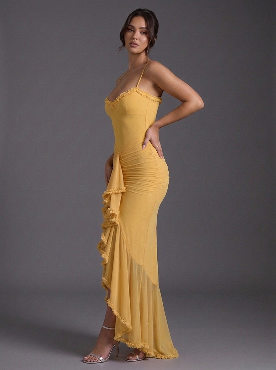 Strappy Ruched Ruffle Split Occasion Maxi Dress