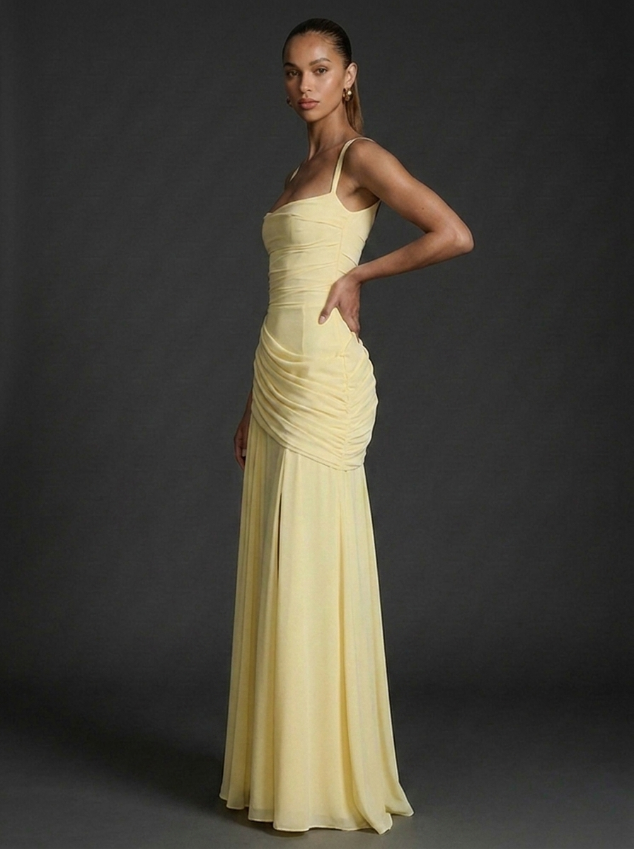 Square Neck Sleeveless Ruched Maxi Wedding Guest Dress
