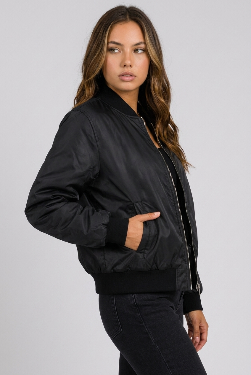 Lightweight Ribbed Cuff Zip Bomber Jacket Women