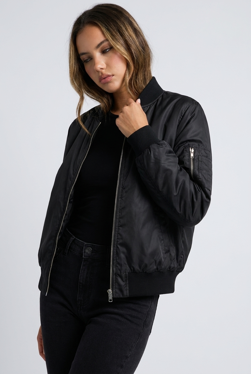Lightweight Ribbed Cuff Zip Bomber Jacket Women