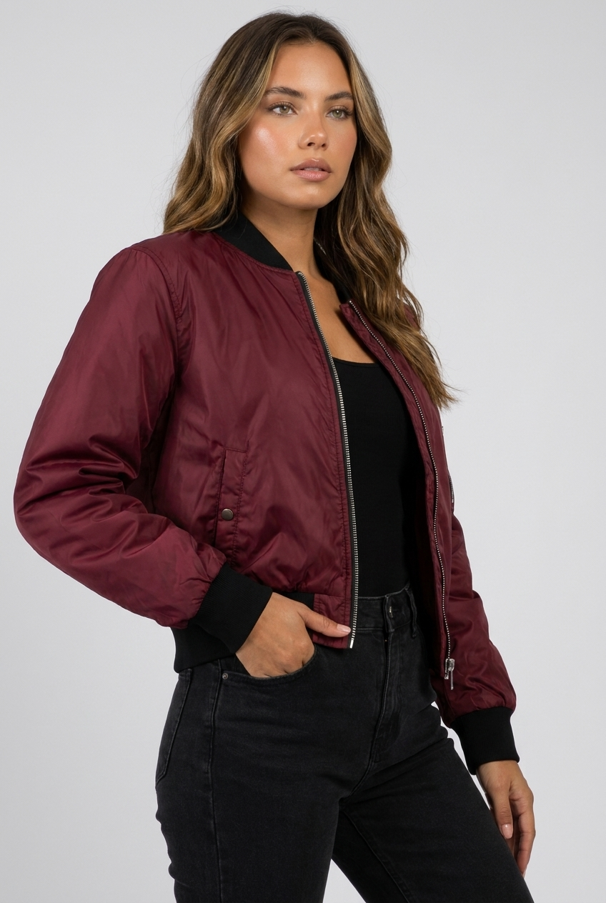 Lightweight Ribbed Cuff Zip Bomber Jacket Women