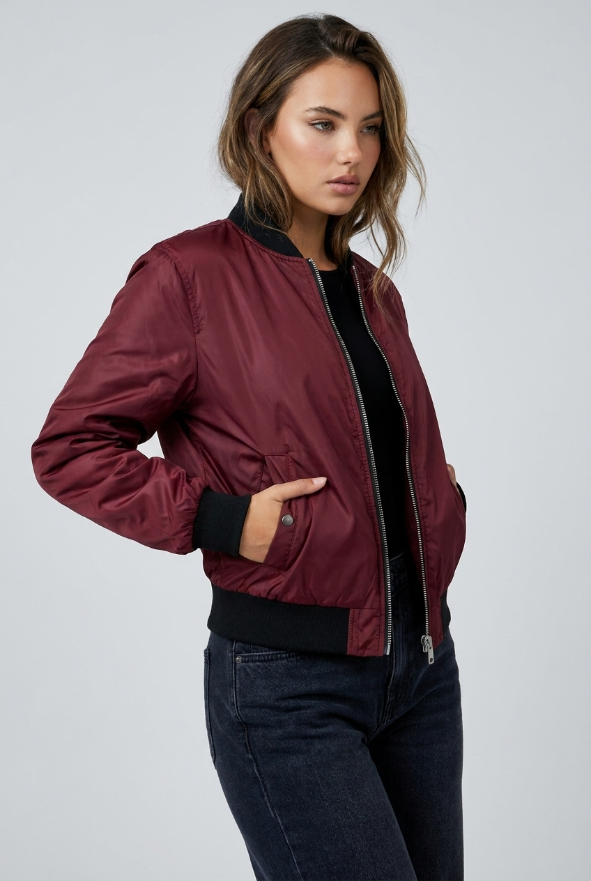 Lightweight Ribbed Cuff Zip Bomber Jacket Women