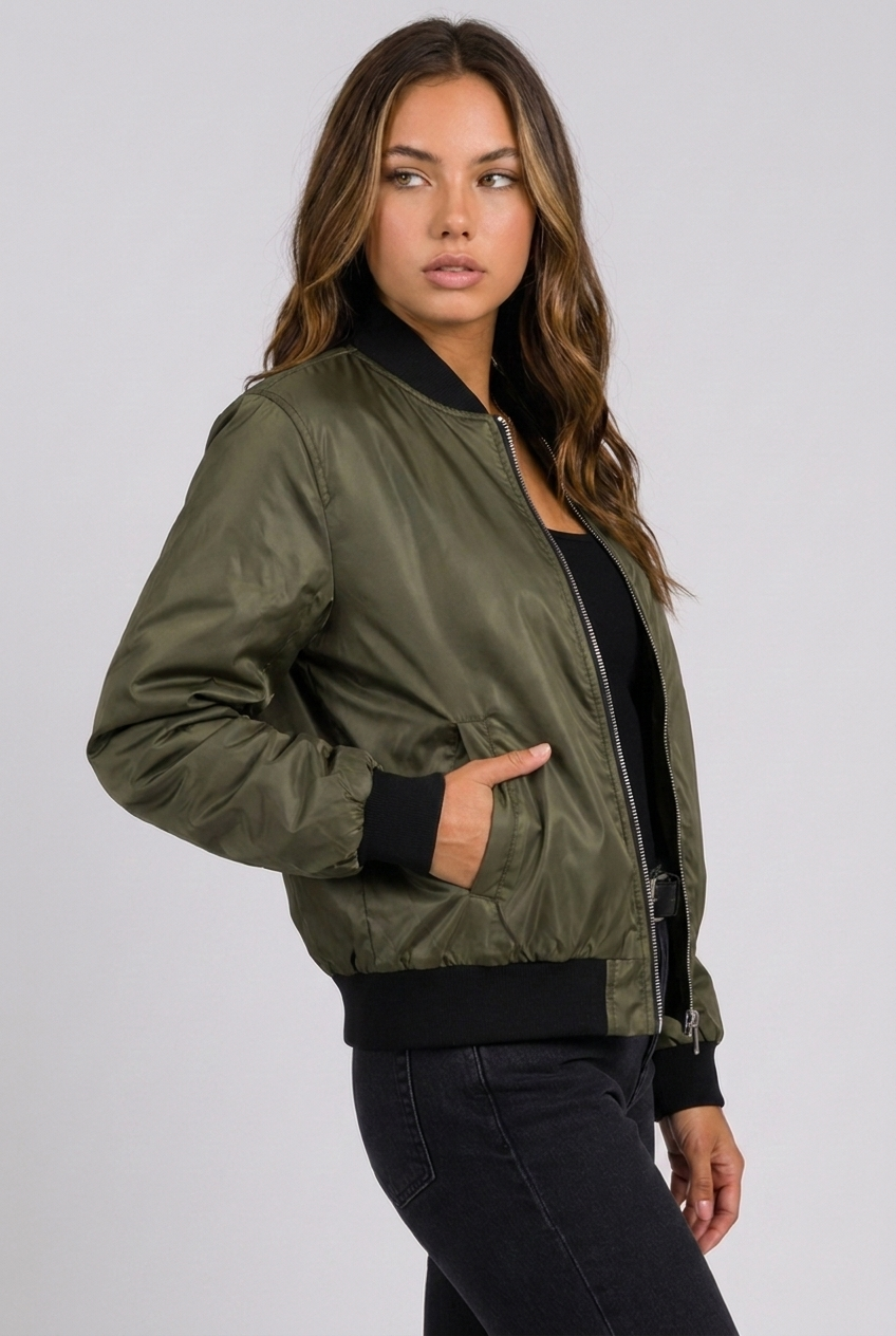 Lightweight Ribbed Cuff Zip Bomber Jacket Women