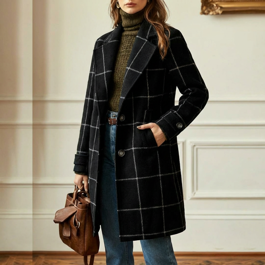 Check Print Tailored Wool Style Coat Women