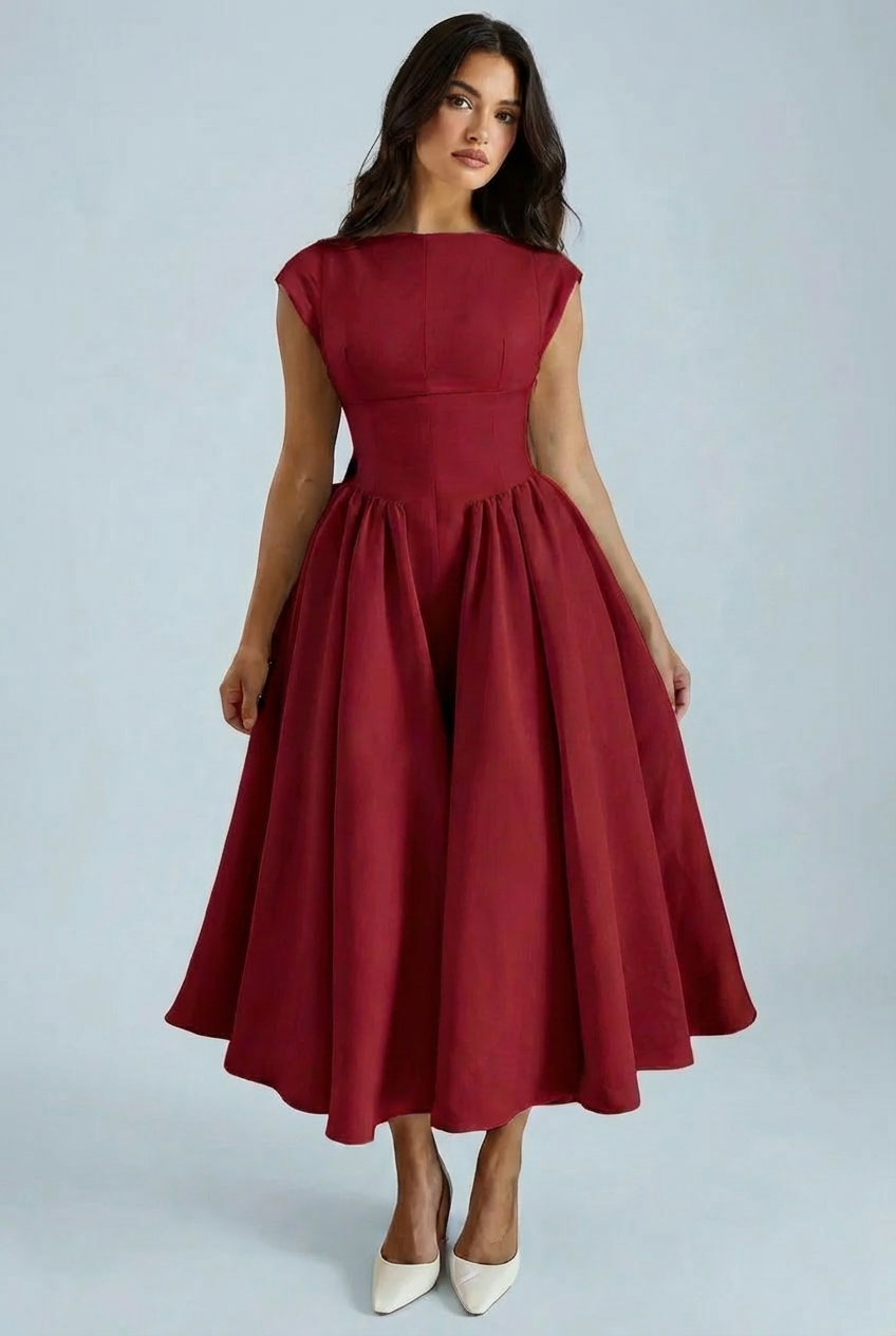 Women's Elegant A-Line Pleated Skirt Midi Dress