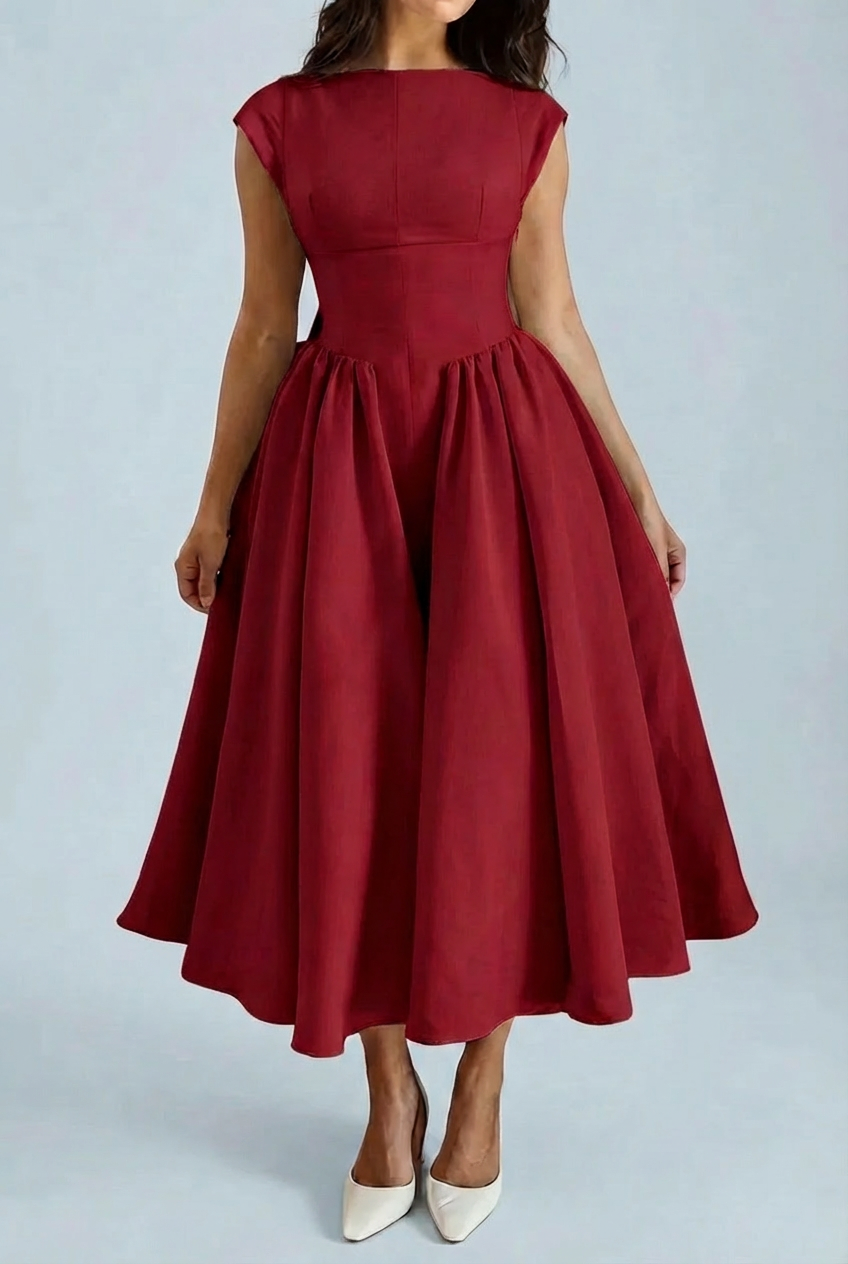 Women's Elegant A-Line Pleated Skirt Midi Dress