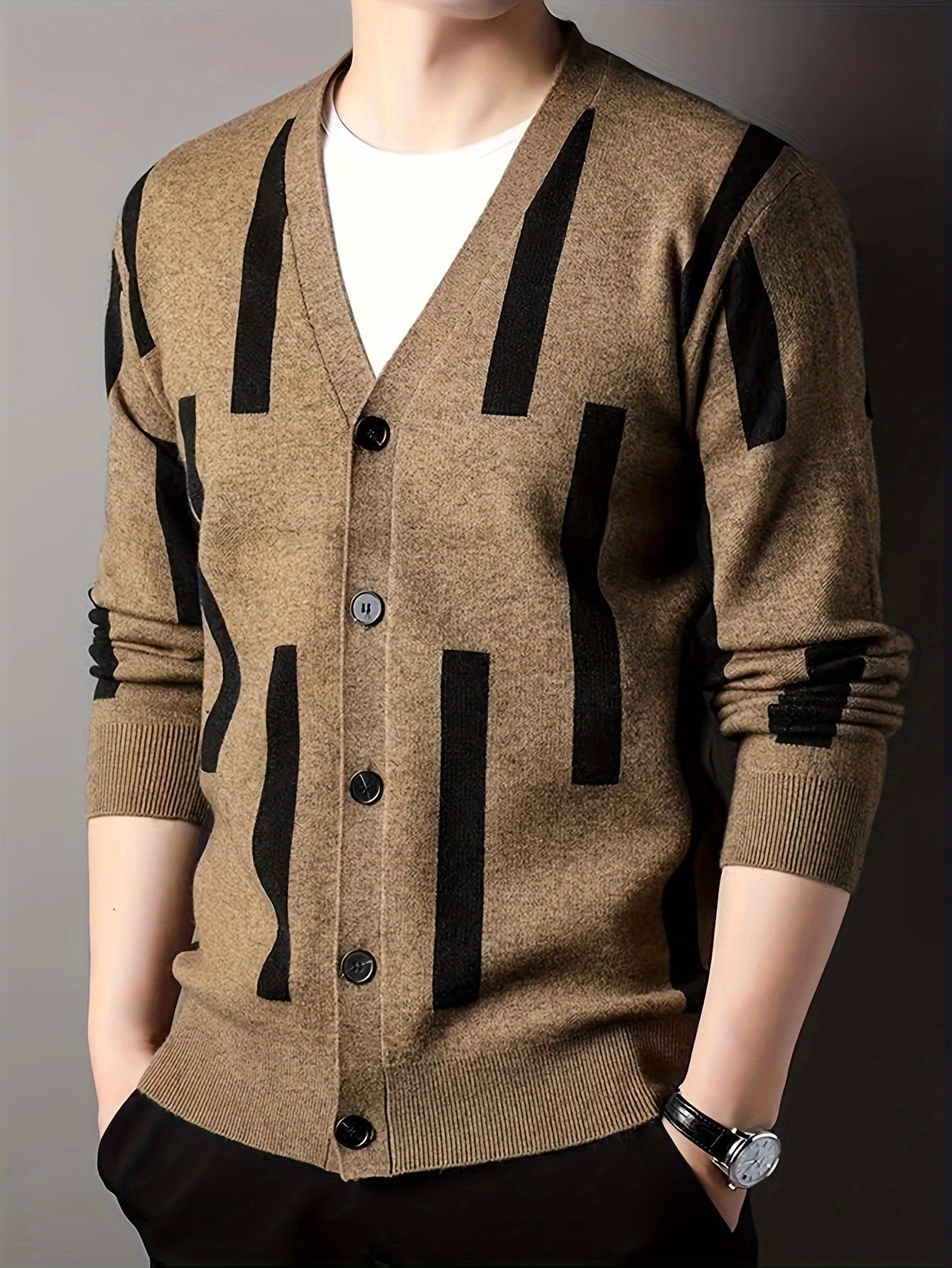 [2024 Men's V-Neck Sweater] 2024 Men's Casual V-Neck Cardigan Sweater | Striped Button-Front Design, Stretchy Knit Fabric, All-Season Comfort, Regular Fit Long Sleeve | Vneck Design, Durable Comfort, Textured Knitwear