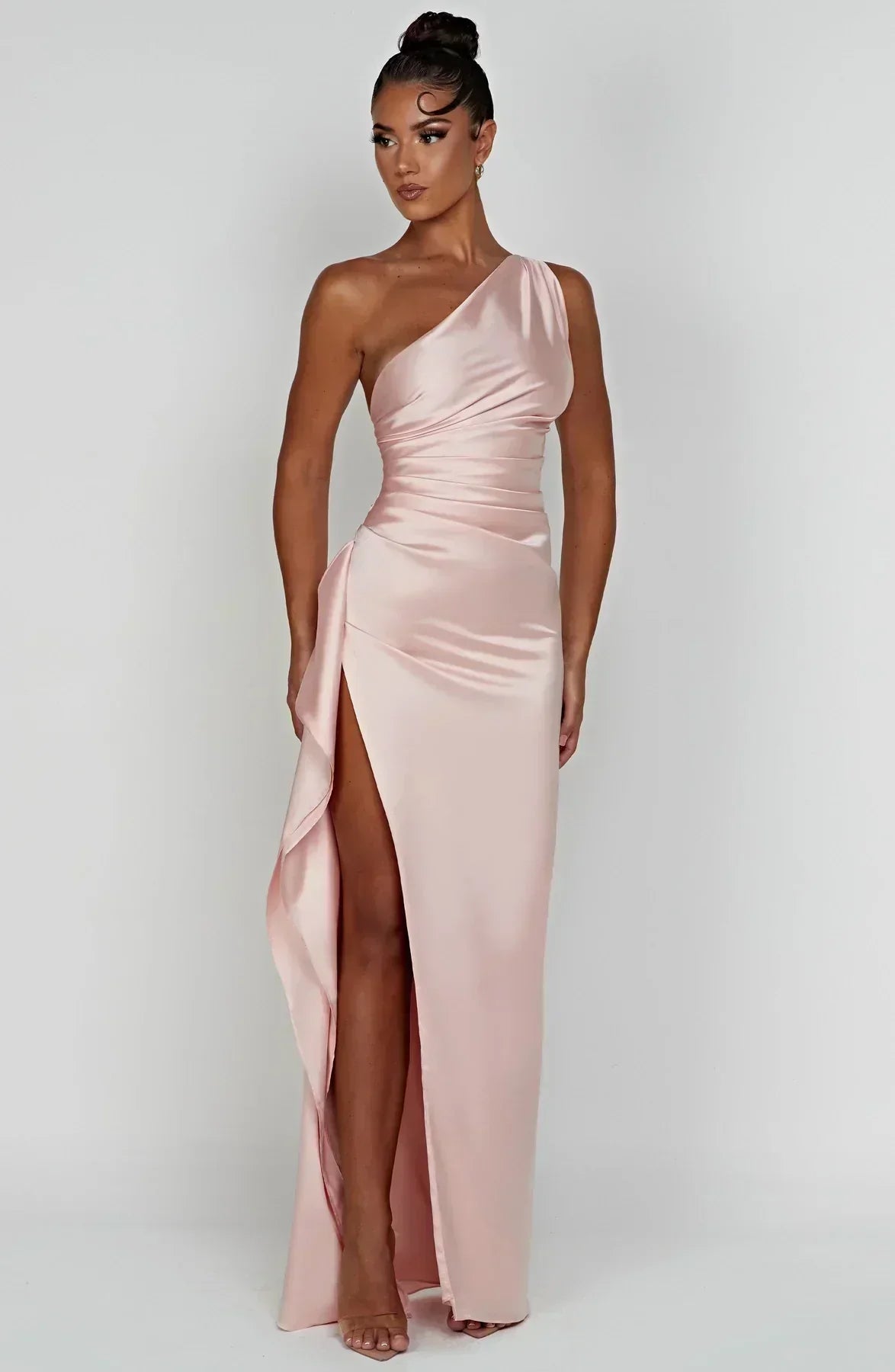 One Shoulder Satin Style Split Occasion Maxi Dress