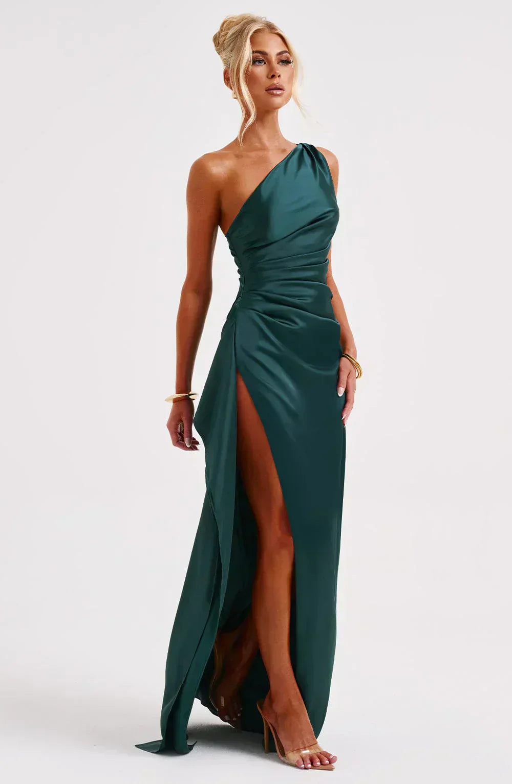 One Shoulder Satin Style Split Occasion Maxi Dress