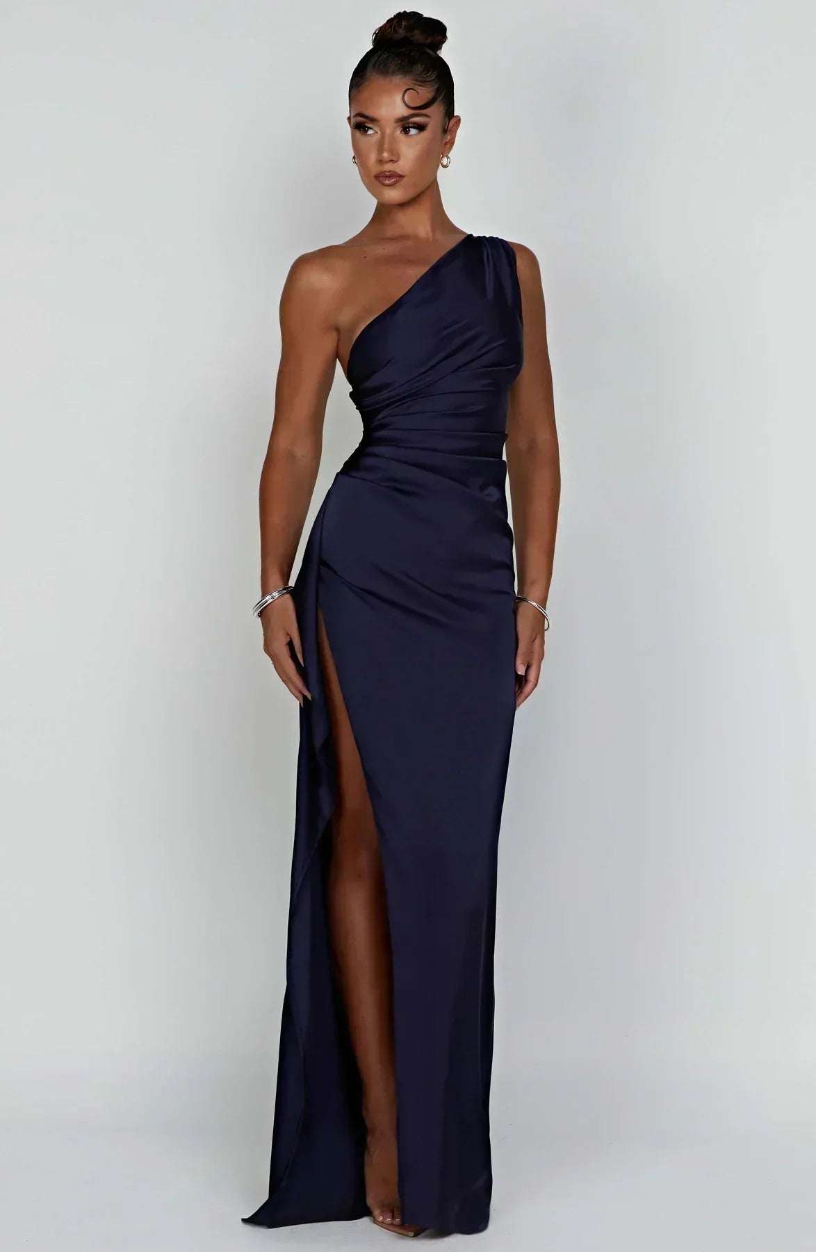 One Shoulder Satin Style Split Occasion Maxi Dress