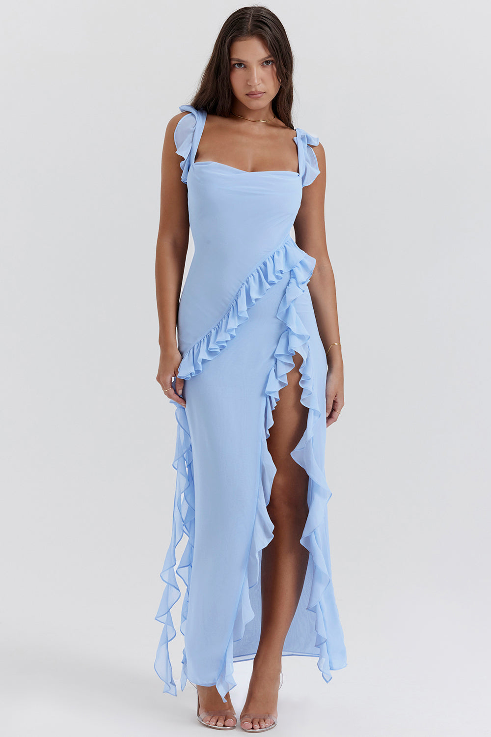 Square Neck Ruffle High Split Occasion Maxi Dress