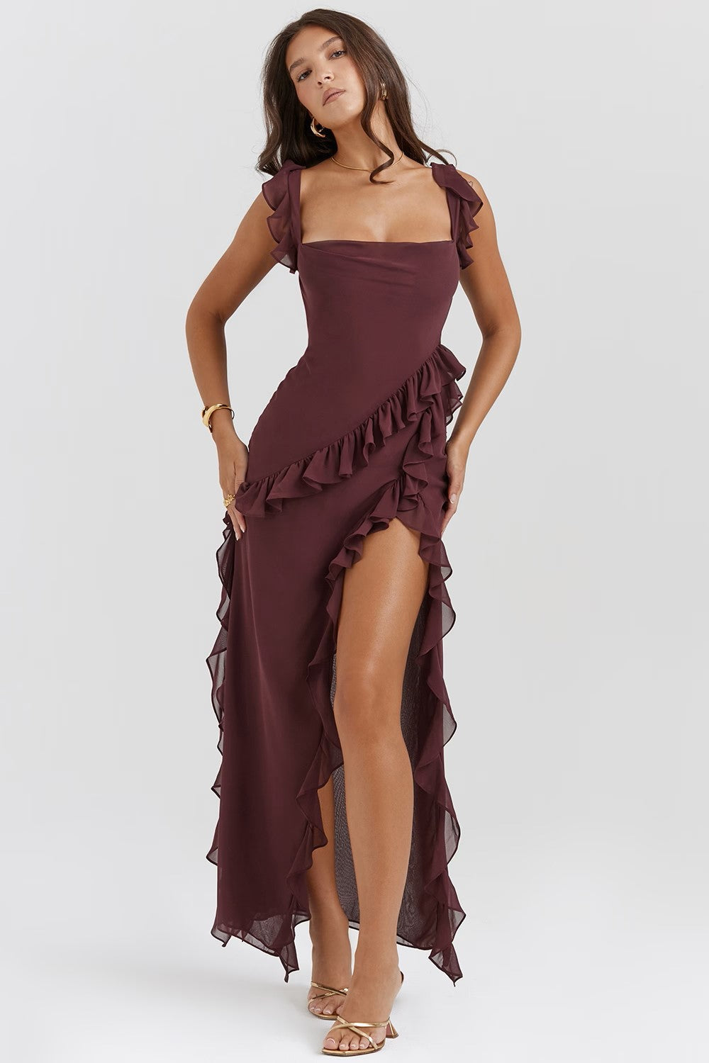 Square Neck Ruffle High Split Occasion Maxi Dress