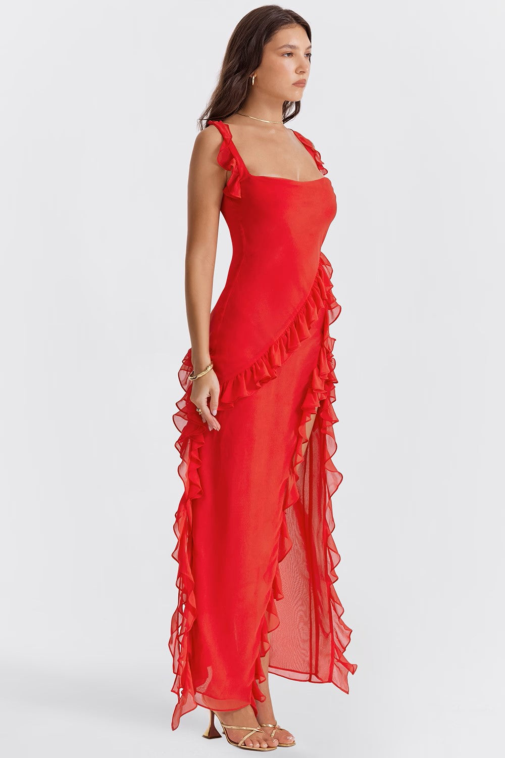Square Neck Ruffle High Split Occasion Maxi Dress
