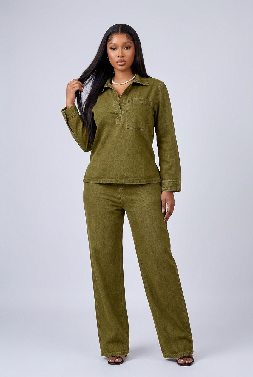 Denim Style Long Sleeve Wide Leg Co-ord Set Women
