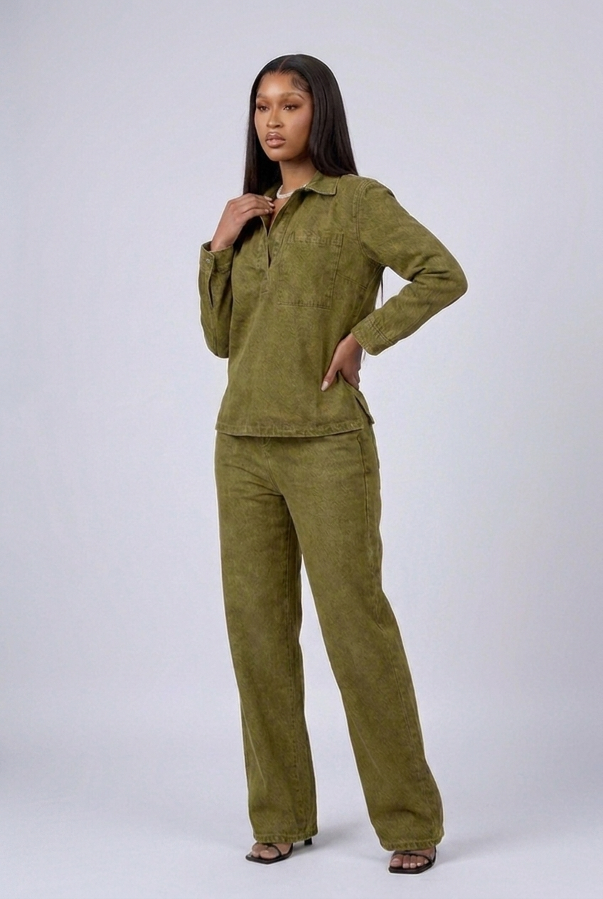Denim Style Long Sleeve Wide Leg Co-ord Set Women