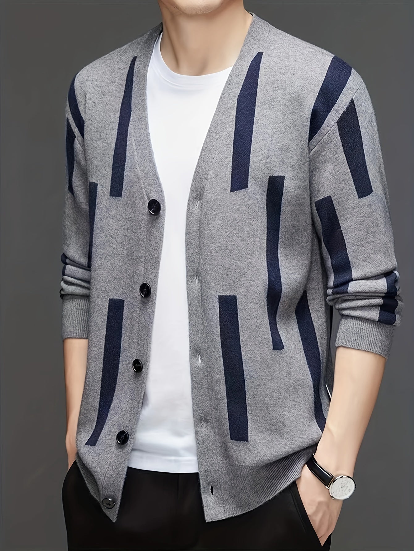 [2024 Men's V-Neck Sweater] 2024 Men's Casual V-Neck Cardigan Sweater | Striped Button-Front Design, Stretchy Knit Fabric, All-Season Comfort, Regular Fit Long Sleeve | Vneck Design, Durable Comfort, Textured Knitwear