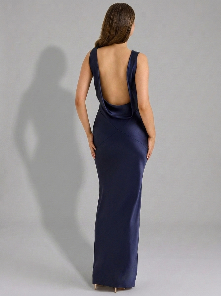 Navy Maxi Dress Cowl Neck Open Back Satin Style